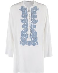Ermanno Scervino - Ivory Silk Blouse With Floral Embroidery And Lace-Up Detail - Lyst