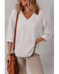 TRUEDAMES - Solid Color Corded Drop Shoulder 3/4 Sleeve V Neck Top - Lyst