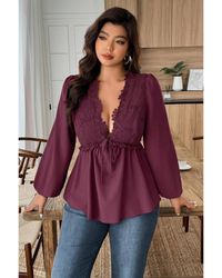 TRUEDAMES - Plus Size Solid V Neck Lace Patchwork Shirt - Lyst