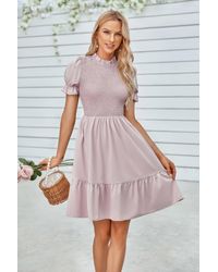 TRUEDAMES - Solid Puff Sleeve Shirred Detail Ruffle Hem Dress - Lyst