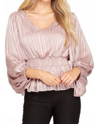 She + Sky - Woven Striped Jacquard Smocked Long Sleeve Top - Lyst