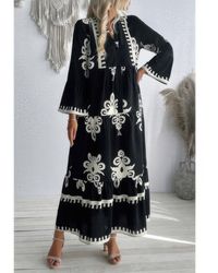 TRUEDAMES - V Neck Stand Collar Button Floral Splicing Dress - Lyst