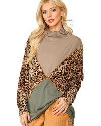 Fashnzfab - Solid And Animal Print Mixed Knit Turtleneck Top With Long Sleeves - Lyst