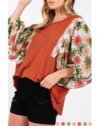 TRUEDAMES - Desert Floral Puff Sleeve Patchwork Round Neck Blouse - Lyst