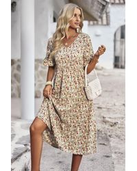 TRUEDAMES - Boho Floral Ruffle Hem V Neck Short Sleeve Dress - Lyst