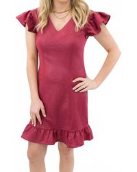 Voya - V-Neck Ruffle Faux Suede Mini Dress - Lyst