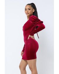 TRUEDAMES - Soft Velvet Pleated Puff Sleeve Low V Neck Front And Back Mini Dress - Lyst