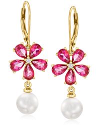 Ross-Simons - 7.5-8mm Cultured Pearl And . Topaz Flower Drop Earrings With White Topaz Accents - Lyst