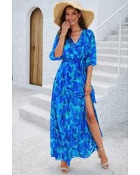 TRUEDAMES - Floral Print V Neck Waist Cinched Split Long Dress - Lyst