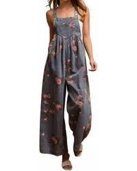 Bibi - Flower Print Washed Denim Wide Leg Jumpsuit - Lyst