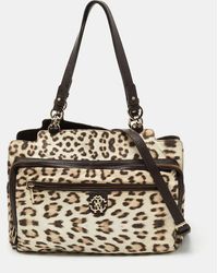Roberto Cavalli - /beige Leopard Satin And Leather Tote - Lyst