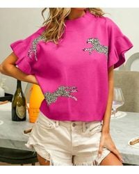 Bibi - Leopard Pattern Short Sleeve Sweater Top - Lyst