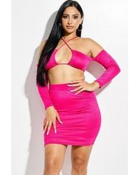 TRUEDAMES - Solid Rayon Spandex Spaghetti Strap Halter Neck Off The Shoulder Top And Skirt 2 Piece Set - Lyst