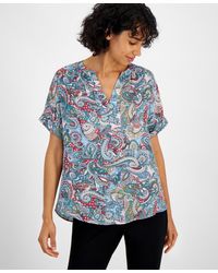 Tahari - Top Royal Paisley Printed Rolled Cuff Split Neck Fts1167 - Lyst