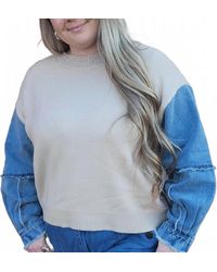 Anniewear - Denim Sleeve Contrast Distressed Sweater Top - Lyst