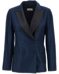 Alberto Biani - Iridescent Satin Double-Breasted Tuxedo Blazer - Lyst