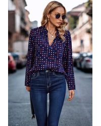 TRUEDAMES - Polka Dot Puff Sleeve Notched Neckline Blouse - Lyst