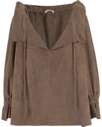 By Malene Birger - Ruffled V-Neck Suede Blouse With Drawstring Closure - Lyst