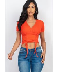 TRUEDAMES - Fashnzfab Ribbed Ruched Drawstring Surplice Top - Lyst