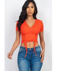 TRUEDAMES - Fashnzfab Ribbed Ruched Drawstring Surplice Top - Lyst
