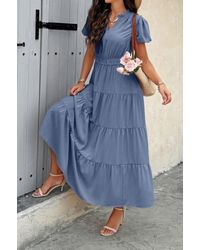 TRUEDAMES - Solid V Neck Color Block Elastic Waist Dress - Lyst