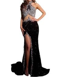 Portia and Scarlett - Sequin Velvet Halter Gown Thigh-High Slit - Lyst