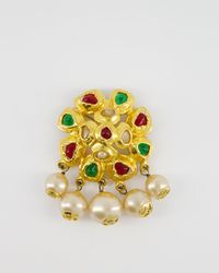 Chanel - Vintage Gold Camelia Brooch With Multi-colour Stones And Pearls - Lyst