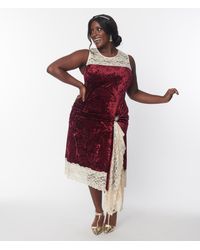 Unique Vintage - 1920s Burgundy Crushed Velvet & Ivory Lace Flapper Dress - Lyst