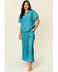 TRUEDAMES - Full Size Texture Half Zip Short Sleeve Top And Pants Set - Lyst