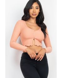 TRUEDAMES - Ribbed Button Front Split Long Sleeve Top - Lyst