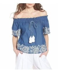 MISA Los Angles - Nisi Embroidered Off-The-Shoulder Denim Top - Lyst
