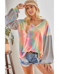 TRUEDAMES - V Neck Tie Dye French Terry Top With Shiny - Lyst