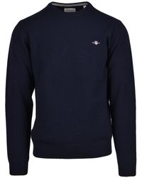 GANT - Wool Crewneck Sweater With Ribbed Details - Lyst