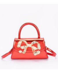 Fashnzfab - Faux Mirror Leather Ribbon Metal Top Handle Bag - Lyst