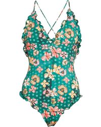 Ulla Johnson - Giordana Maillot Green Floral One Piece Swimsuit With Ruffl - Lyst