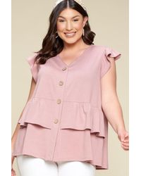 Fashnzfab - Plus Size Solid Button Flutter Sleeve Top - Lyst