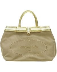 Prada - Brown Logo Jacquard Canvas Metallic Handle Tote Bag - Lyst