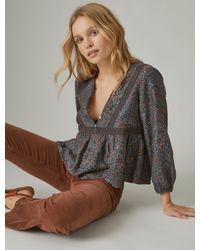 Lucky Brand - Printed Lace Inset Babydoll Top - Lyst