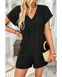 TRUEDAMES - Solid Deep V Neck Drop Shoulder Loose Pockets Romper - Lyst