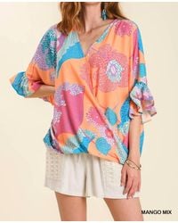 Umgee - Print V-Neck Top With Ruffled Sleeves - Lyst