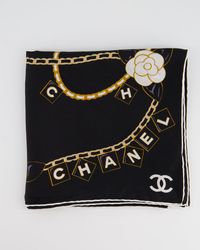 Chanel - &printed Silk Scarf With Chain Camellia Detail - Lyst