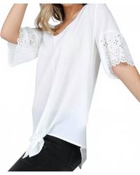 shop basic - Laser Cut Short Sleeve V Neck Top With Tie - Lyst