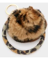 Fashnzfab - Leopard Pattern Pom Pom Rhinestone Pave Bangle Keychain Bracelet, Leopard - Lyst