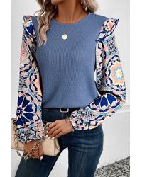 TRUEDAMES - Ruffled Floral Sleeve Patchwork Waffle Knit O Neck Blouse - Lyst