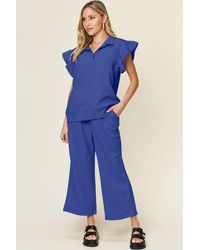 TRUEDAMES - Texture Ruffle Short Sleeve Top And Drawstring Wide Leg Pants Set - Lyst