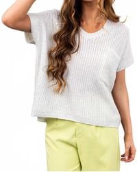 She + Sky - Short Sleeve V-Neck Metallic Coated Sweater Top With Front Pocket - Lyst