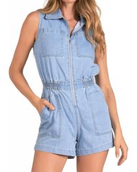 Elan - Zip Front Denim Romper - Lyst