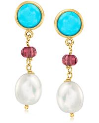 Ross-Simons - Italian Turquoise And 9.5-10mm Cultured Pearl Drop Earrings With Red Glass Beads - Lyst