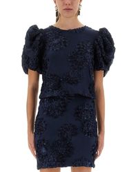 ROTATE BIRGER CHRISTENSEN - Textured 3D Mesh Top With Puff Sleeves - Lyst