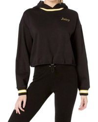 Juicy Couture - Fleece Hooded Cropped Cinched Pullover With Hoodie In Black - Lyst